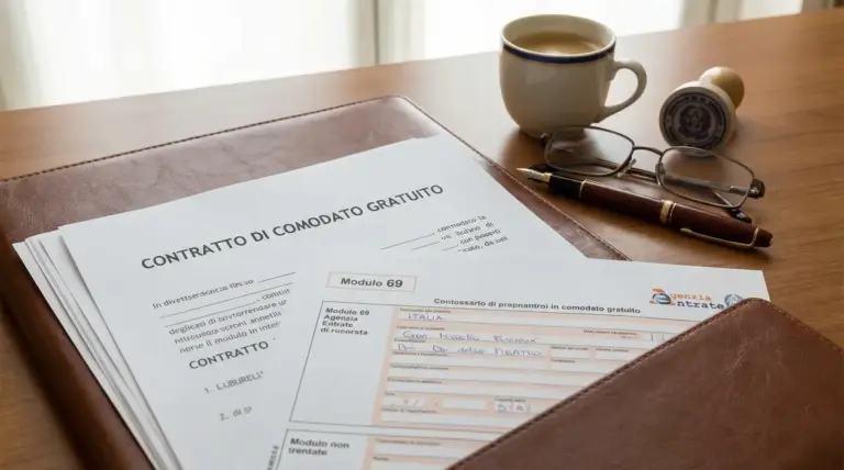 Documenti per contratto di comodato gratuito su scrivania con penna, occhiali e tazza di caffè.