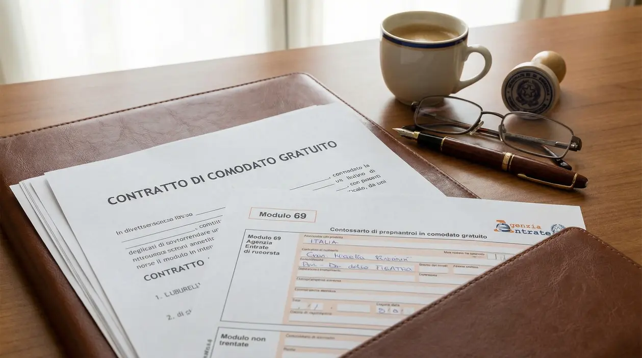 Documenti per contratto di comodato gratuito su scrivania con penna, occhiali e tazza di caffè.