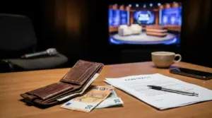 Portafoglio con banconote, contratto e penna su un tavolo davanti a uno studio televisivo sfocato