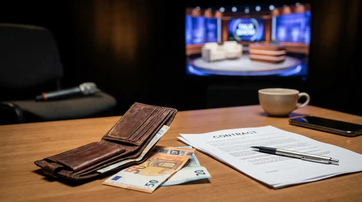 Portafoglio con banconote, contratto e penna su un tavolo davanti a uno studio televisivo sfocato