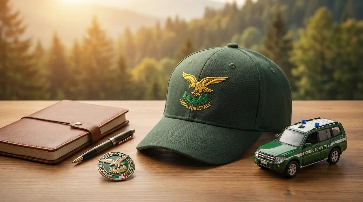 Cappellino del Corpo Forestale su scrivania con taccuino, penna, distintivo e modellino di auto, bosco sullo sfondo