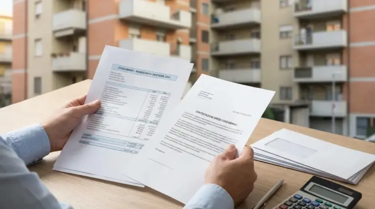 Persona che controlla rendiconto e lettera di contestazione spese condominiali con palazzo sullo sfondo