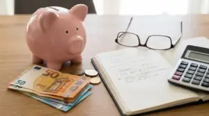 Salvadanaio rosa con banconote in euro, monete, quaderno, occhiali e calcolatrice su un tavolo