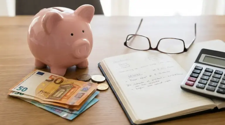 Salvadanaio rosa con banconote in euro, monete, quaderno, occhiali e calcolatrice su un tavolo