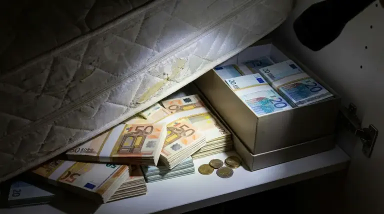 Mazzi di banconote in euro nascosti sotto un materasso, simbolo dei rischi del contante tenuto in casa