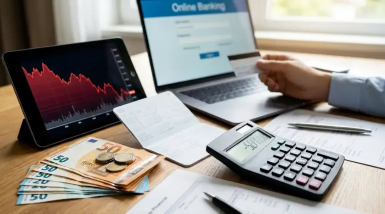 Scrivania con laptop di online banking, tablet con grafico in calo, calcolatrice, banconote in euro e documenti