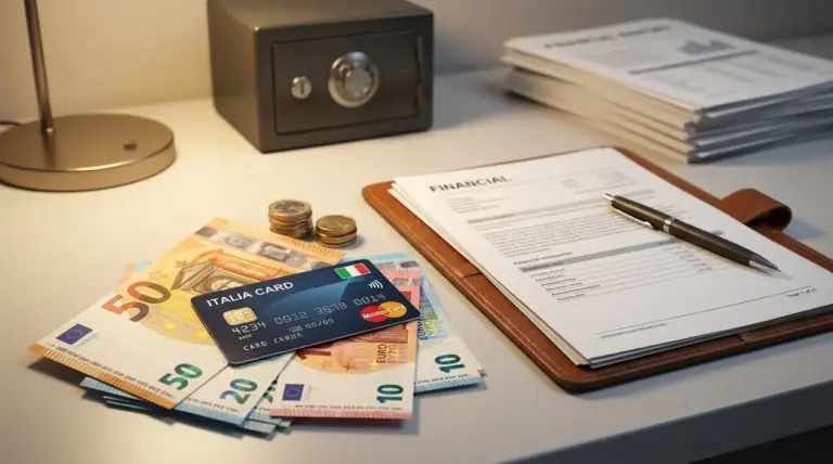 Banconote in euro, carta di pagamento, monete e documenti finanziari su una scrivania accanto a una cassaforte