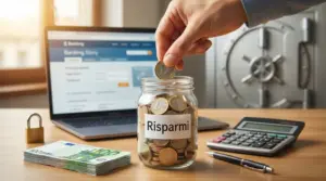 Mano che inserisce una moneta in un barattolo di risparmi accanto a laptop, calcolatrice, banconote e cassaforte