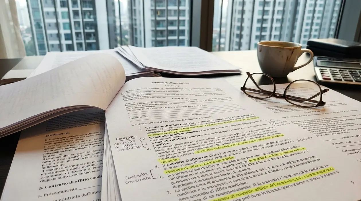 Documenti di contratto d’affitto condiviso su una scrivania con calcolatrice, tazza e vista su palazzi in città