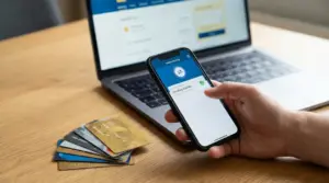 Persona controlla un bonifico in arrivo da smartphone con laptop e carte bancarie sul tavolo
