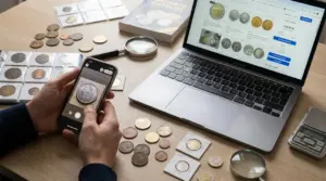 Persona che fotografa una moneta con lo smartphone accanto a un laptop con catalogo online e monete sul tavolo