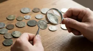 Mani che esaminano una moneta con lente d’ingrandimento e pinzette su un tavolo con altre monete