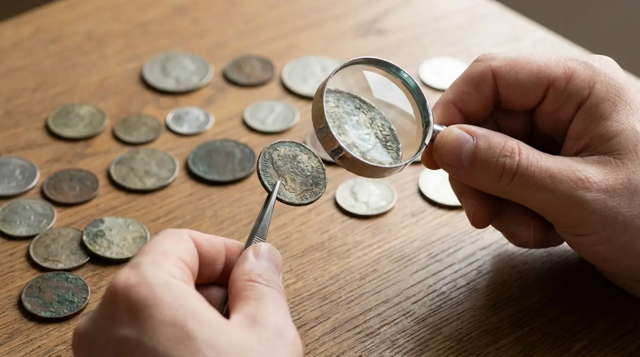 Mani che esaminano una moneta con lente d’ingrandimento e pinzette su un tavolo con altre monete