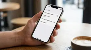 Persona che tiene uno smartphone con impostazioni SMS aperte per controllare notifiche e consegna dei messaggi