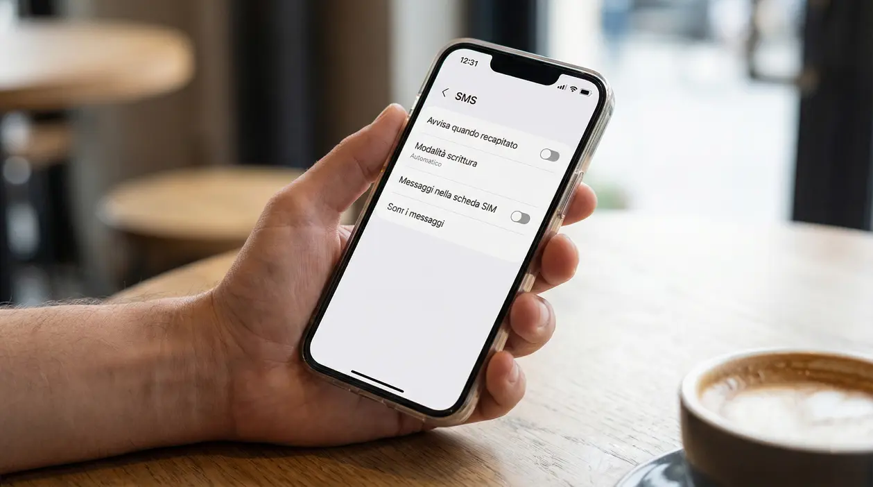 Persona che tiene uno smartphone con impostazioni SMS aperte per controllare notifiche e consegna dei messaggi