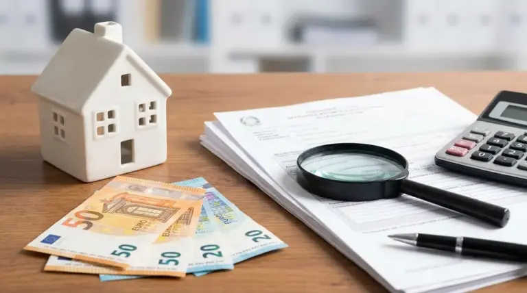 Documenti fiscali con lente d’ingrandimento, calcolatrice e banconote accanto a una casetta, tema controlli IMU