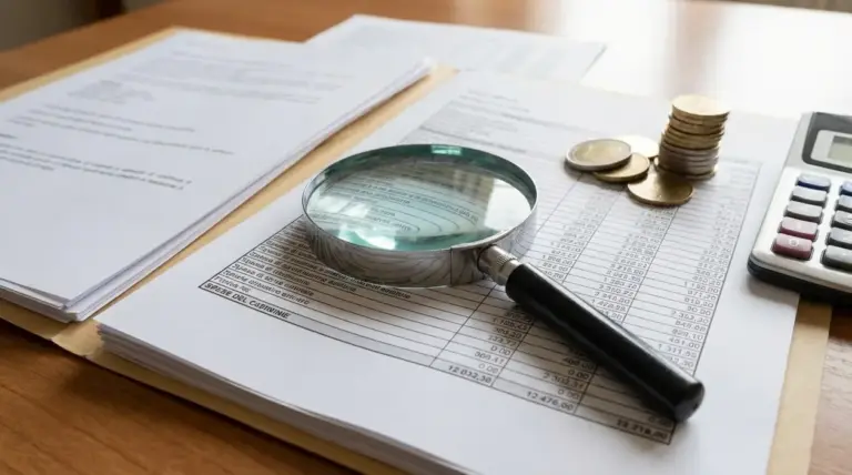 Lente d’ingrandimento su documenti di spese condominiali con monete e calcolatrice su un tavolo