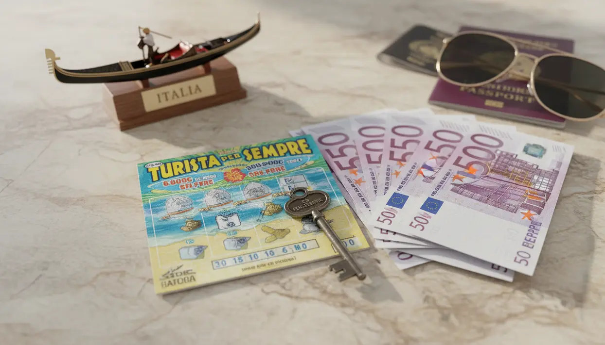Gratta e vinci Turista per sempre con banconote da 50 euro, una chiave e accessori da viaggio su un tavolo