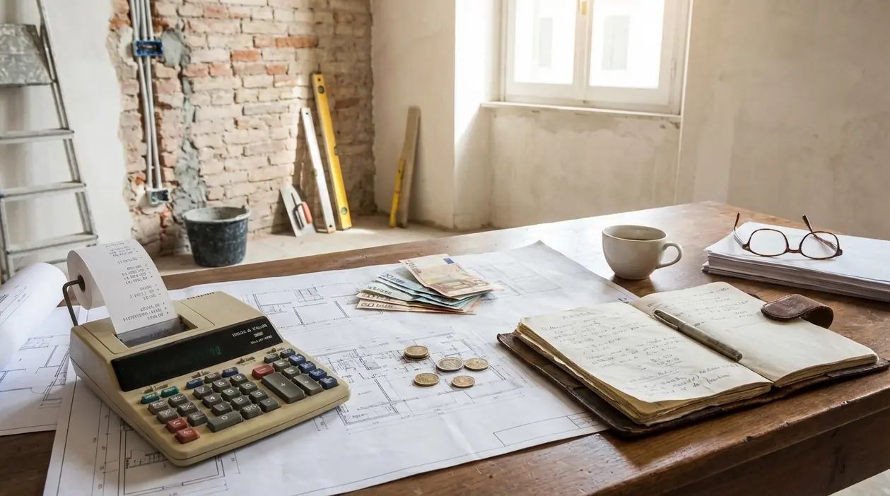 Tavolo con progetto, calcolatrice, contanti e appunti in una casa in ristrutturazione