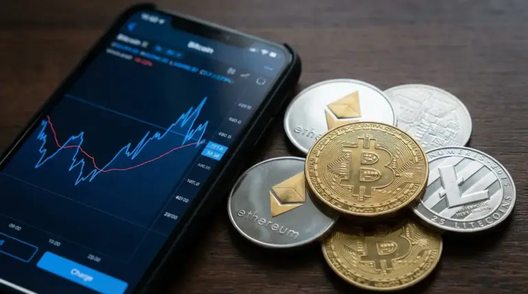 Smartphone con grafico di mercato e monete di criptovalute, tra cui Bitcoin ed Ethereum, su un tavolo