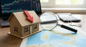 Modellino di casa con freccia rossa verso il basso, lente d’ingrandimento e calcolatrice su una mappa