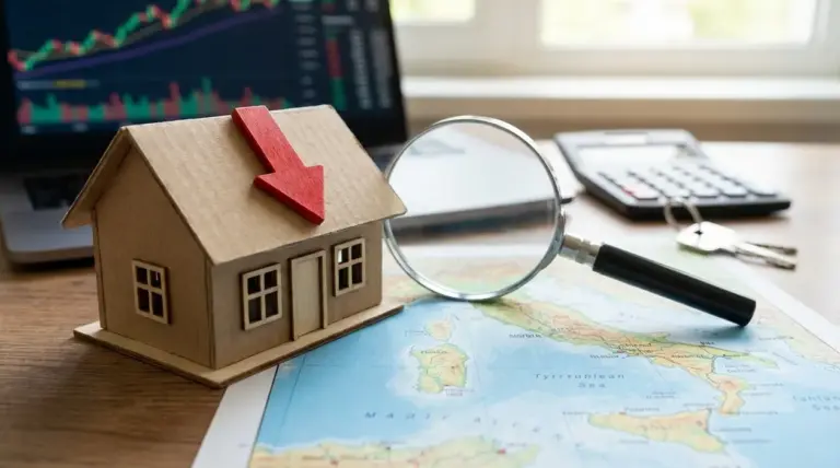 Modellino di casa con freccia rossa verso il basso, lente d’ingrandimento e calcolatrice su una mappa