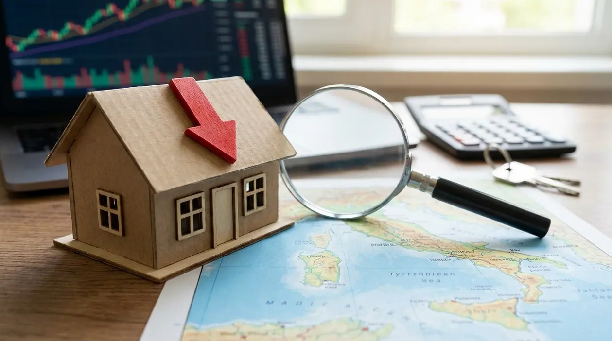 Modellino di casa con freccia rossa verso il basso, lente d’ingrandimento e calcolatrice su una mappa