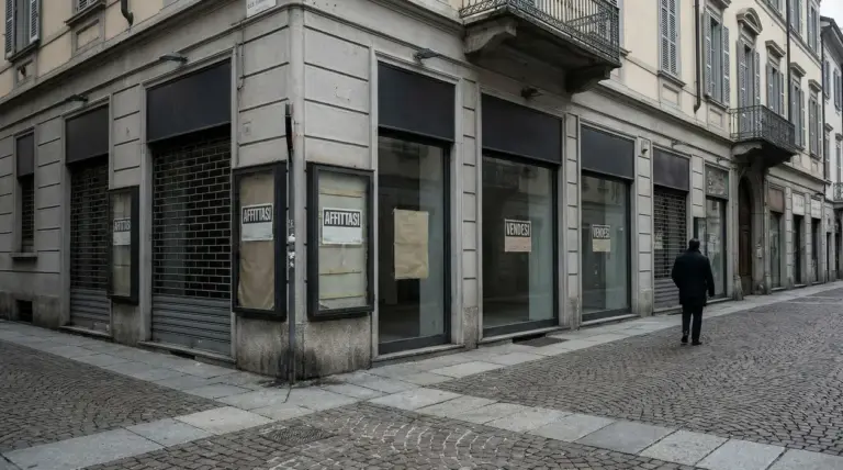 Vetrine di negozio vuoto con cartelli di affitto e vendita in una via cittadina, con una persona che cammina sul marciapiede