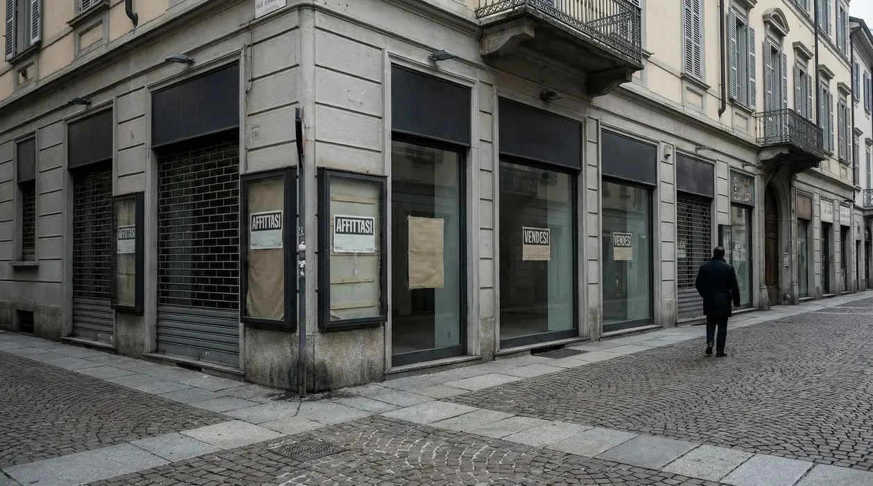 Vetrine di negozio vuoto con cartelli di affitto e vendita in una via cittadina, con una persona che cammina sul marciapiede