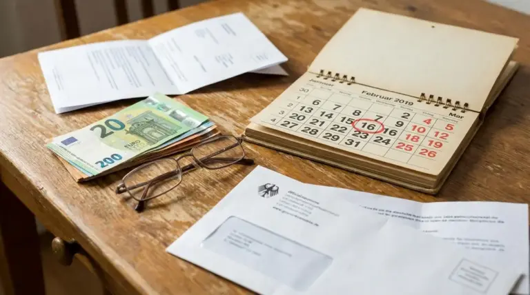 Calendario con una data cerchiata, banconote in euro e documenti su un tavolo, tema arretrati pensione