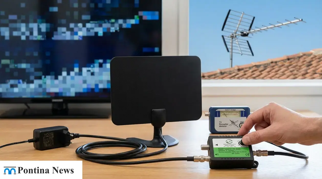 Antenna TV da interno e amplificatore del segnale sul tavolo, con TV che mostra disturbi e antenna sul tetto sullo sfondo