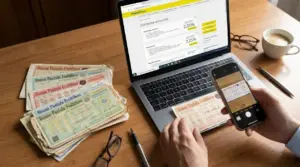 Persona fotografa un buono fruttifero cartaceo con lo smartphone davanti a un laptop su scrivania