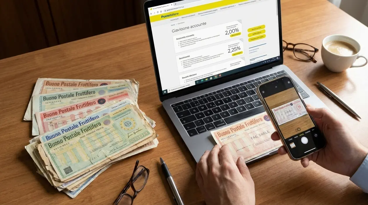 Persona fotografa un buono fruttifero cartaceo con lo smartphone davanti a un laptop su scrivania