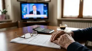 Persona anziana con modulo e calcolatrice sul tavolo davanti alla TV, in un contesto legato alla disdetta del canone Rai