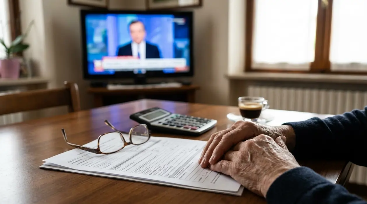 Persona anziana con modulo e calcolatrice sul tavolo davanti alla TV, in un contesto legato alla disdetta del canone Rai