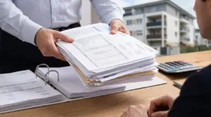 Persona che consegna un fascicolo di documenti contabili su una scrivania, con calcolatrice e palazzo sullo sfondo