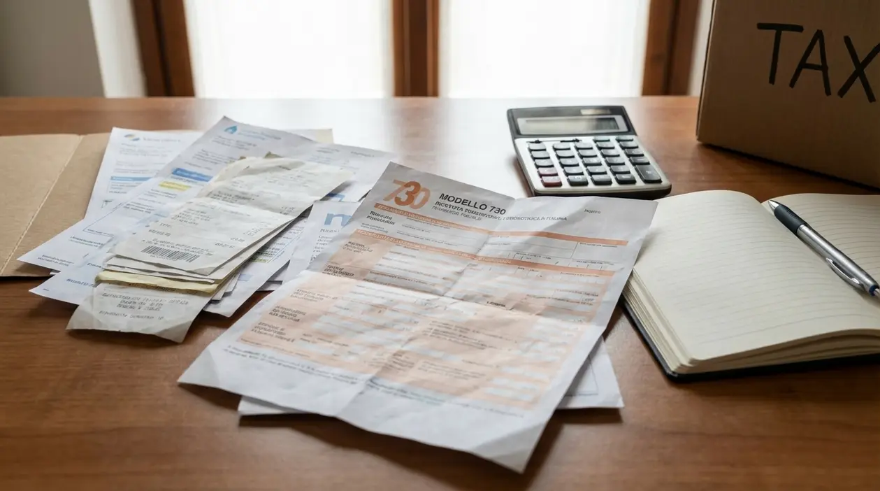 Documenti fiscali e ricevute su un tavolo con calcolatrice e modulo 730 per il rimborso fiscale