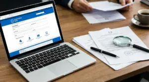 Laptop con modulo online e documenti su scrivania, per la domanda di invalidità civile passo dopo passo