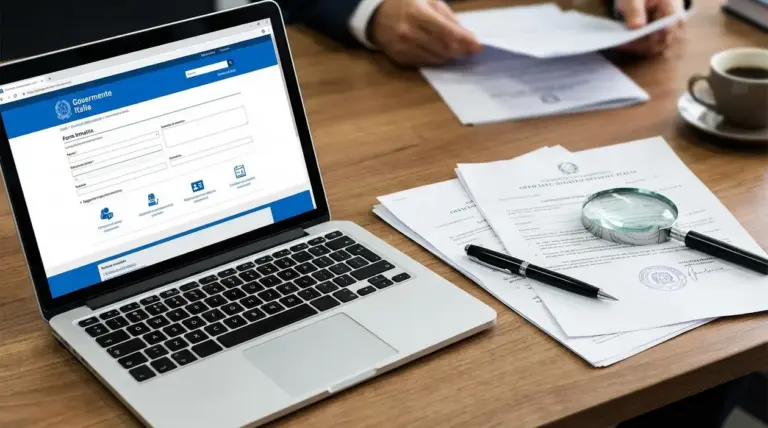 Laptop con modulo online e documenti su scrivania, per la domanda di invalidità civile passo dopo passo