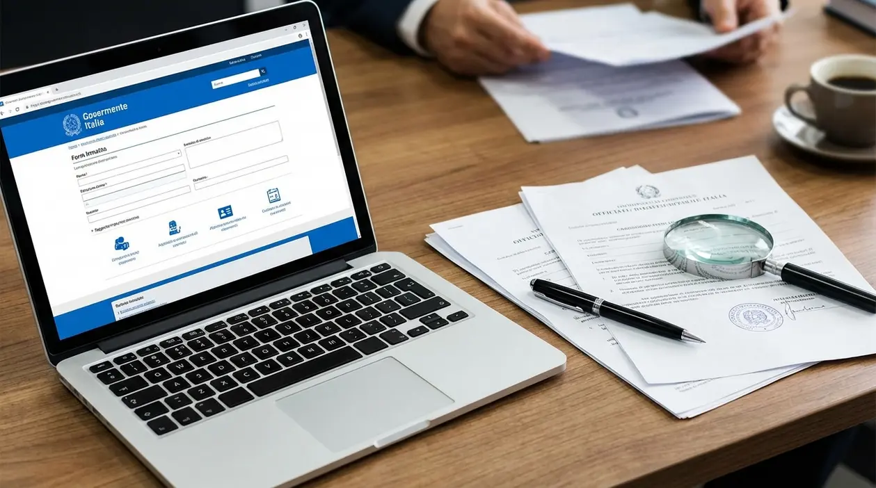 Laptop con modulo online e documenti su scrivania, per la domanda di invalidità civile passo dopo passo