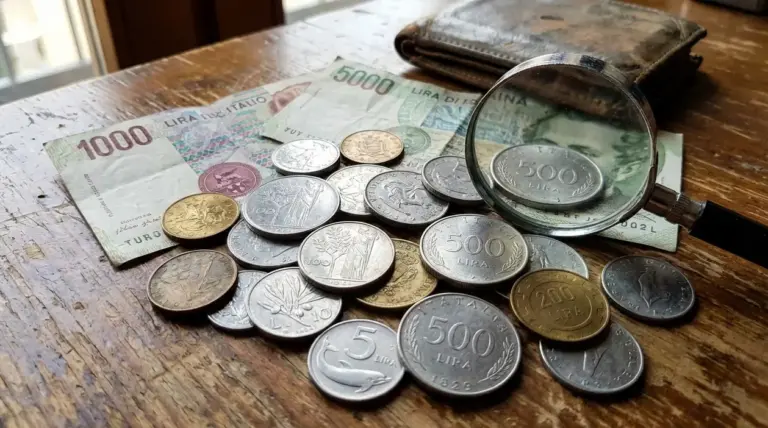 Monete e banconote in lire italiane su un tavolo, con lente d’ingrandimento per valutarne il valore