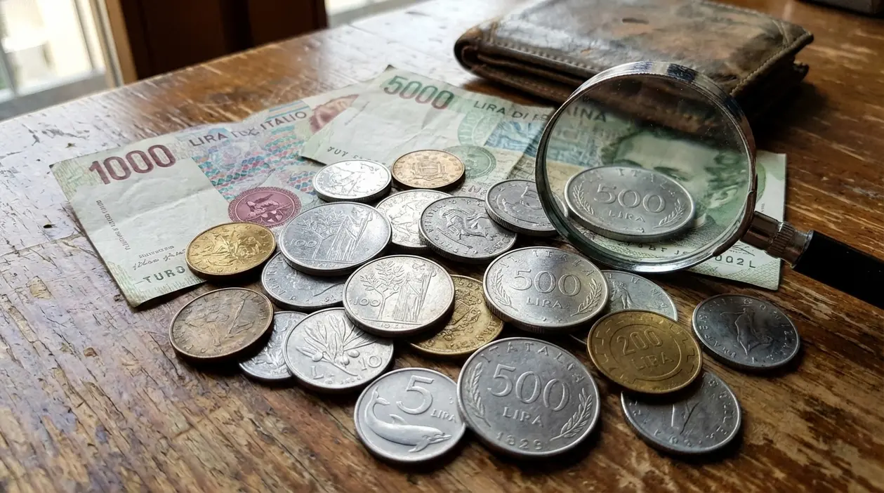 Monete e banconote in lire italiane su un tavolo, con lente d’ingrandimento per valutarne il valore