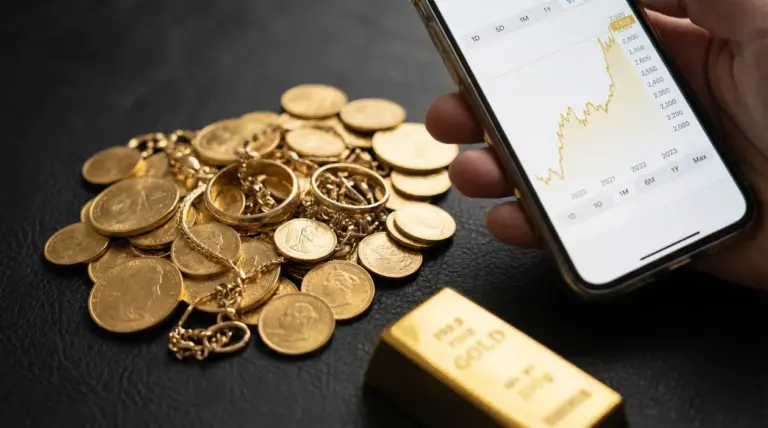 Monete e gioielli d’oro con lingotto e smartphone che mostra l’andamento del prezzo dell’oro
