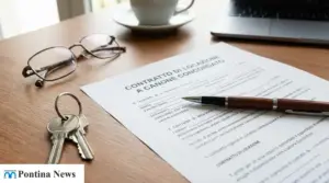 Contratto di locazione a canone concordato su scrivania con chiavi di casa e penna