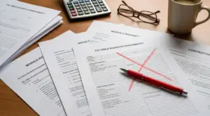 Documenti per richiesta di finanziamento con una X rossa, penna, calcolatrice e tazza su una scrivania