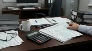 Scrivania d’ufficio con documenti fiscali, calcolatrice e una persona che controlla moduli contabili