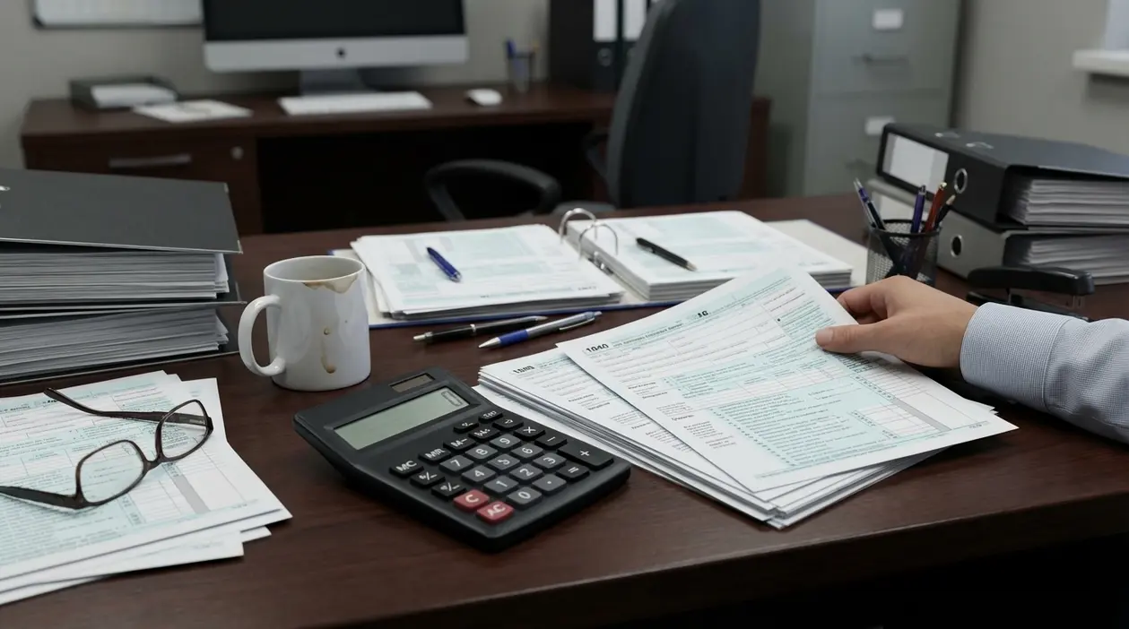 Scrivania d’ufficio con documenti fiscali, calcolatrice e una persona che controlla moduli contabili