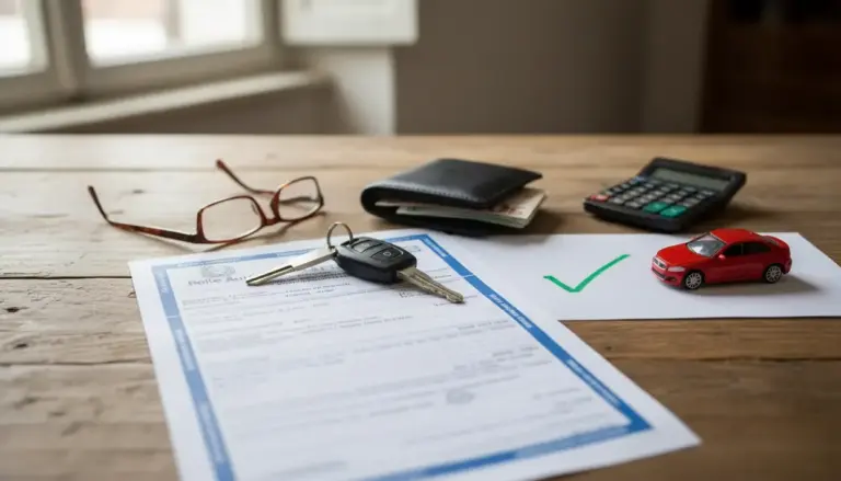 Documento del bollo auto con chiavi dell’auto, portafoglio e calcolatrice su un tavolo, accanto a una mini auto rossa
