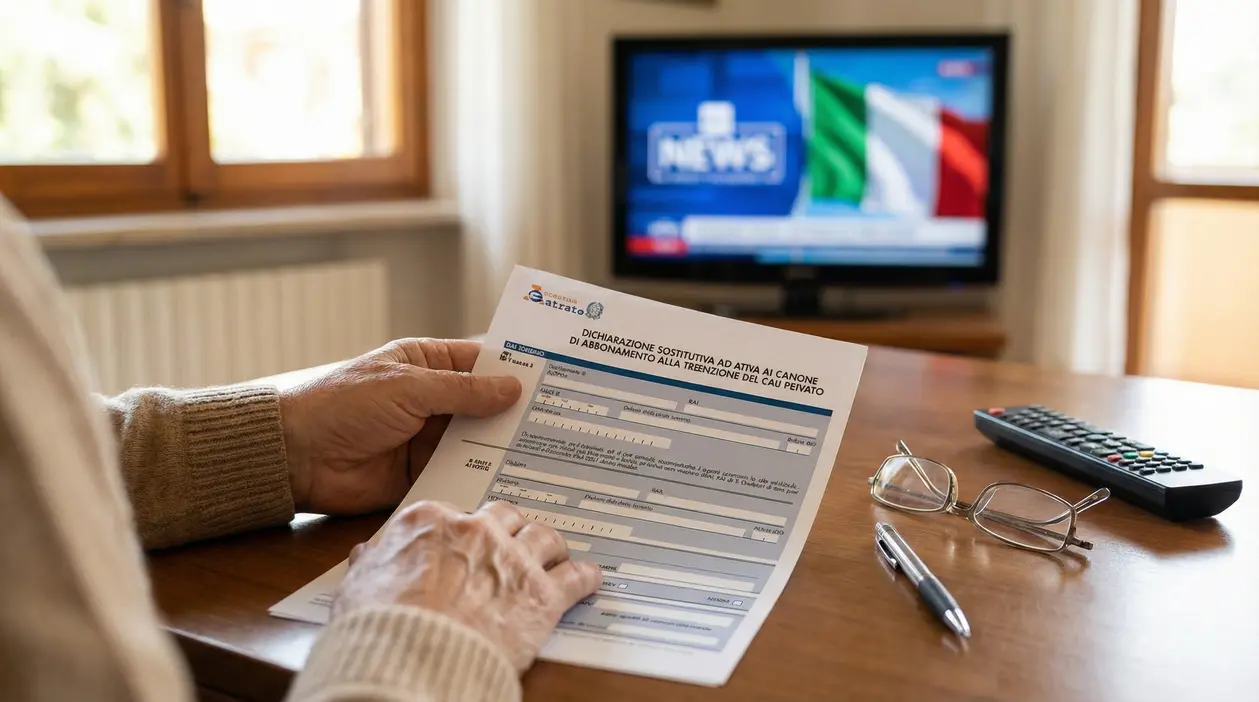 Persona anziana compila un modulo per l’esenzione del canone RAI davanti alla TV in casa