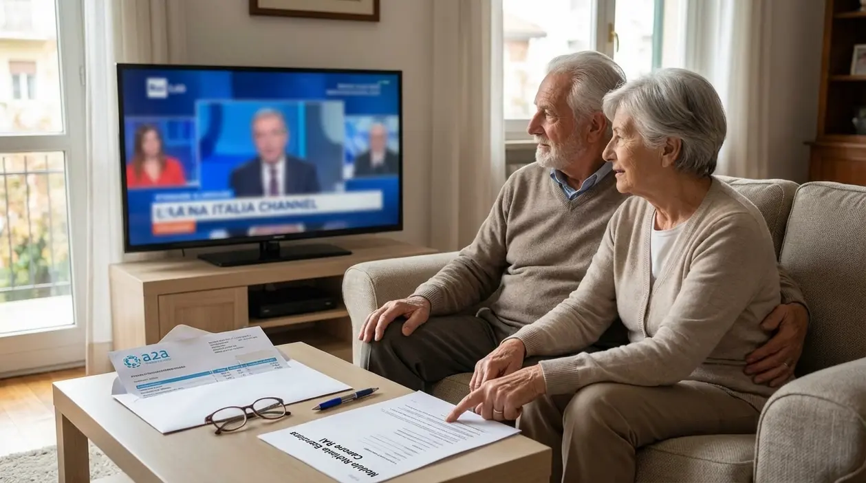 Coppia di anziani in salotto con TV accesa e documenti sul tavolo, per informazioni su esenzione canone Rai